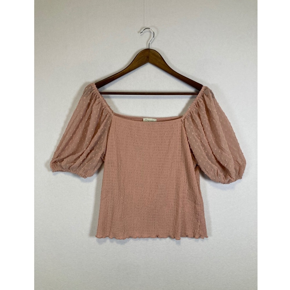 Chenault Smocked Puff Sleeve Top Women Large Pink Swiss Dot Square Neck Romantic
